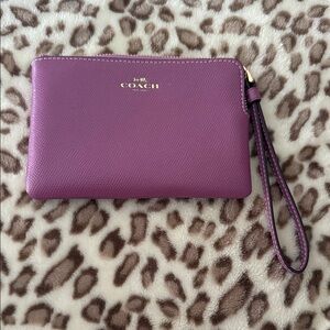 Coach Pebbled Leather Wristlet in Plum Purple with Gold Accents